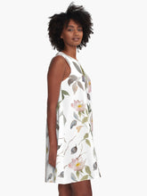 Load image into Gallery viewer, A-line or swing dress featuring original hand-painted watercolor painting by artist Elizabeth Becker. Flowy summer tent dress with floral design. Pale pink, light olive green and white colors. Botanical wild rose flowers and leaves.