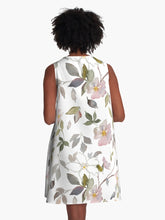 Load image into Gallery viewer, A-line or swing dress featuring original hand-painted watercolor painting by artist Elizabeth Becker. Flowy summer tent dress with floral design. Pale pink, light olive green and white colors. Botanical wild rose flowers and leaves.