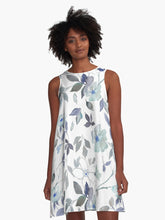 Load image into Gallery viewer, A-line or swing dress featuring original hand-painted watercolor painting by artist Elizabeth Becker. Flowy summer tent dress with floral design. Monochromatic light blue, soft purple, gray and white colors. Botanical wild rose flowers and leaves.