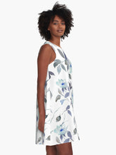 Load image into Gallery viewer, A-line or swing dress featuring original hand-painted watercolor painting by artist Elizabeth Becker. Flowy summer tent dress with floral design. Monochromatic light blue, soft purple, gray and white colors. Botanical wild rose flowers and leaves.