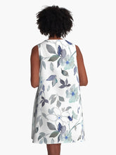 Load image into Gallery viewer, A-line or swing dress featuring original hand-painted watercolor painting by artist Elizabeth Becker. Flowy summer tent dress with floral design. Monochromatic light blue, soft purple, gray and white colors. Botanical wild rose flowers and leaves.