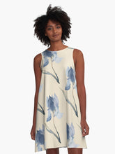 Load image into Gallery viewer, A-line or swing dress featuring original hand-painted watercolor painting by artist Elizabeth Becker. Minimal modern flowy summer tent dress with floral design. Soft blue, muted green and cream colors. Loose expressive botanical iris flowers.