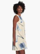 Load image into Gallery viewer, A-line or swing dress featuring original hand-painted watercolor painting by artist Elizabeth Becker. Minimal modern flowy summer tent dress with floral design. Soft blue, muted green and cream colors. Loose expressive botanical iris flowers.