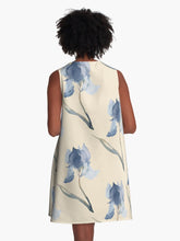Load image into Gallery viewer, A-line or swing dress featuring original hand-painted watercolor painting by artist Elizabeth Becker. Minimal modern flowy summer tent dress with floral design. Soft blue, muted green and cream colors. Loose expressive botanical iris flowers.