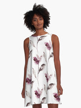 Load image into Gallery viewer, A-line or swing dress featuring original hand-painted watercolor painting by artist Elizabeth Becker. Minimal modern flowy summer tent dress with floral design. Soft mauve, eggplant purple, gray and white colors. Loose expressive botanical flowers and leaves.