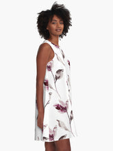 Load image into Gallery viewer, A-line or swing dress featuring original hand-painted watercolor painting by artist Elizabeth Becker. Minimal modern flowy summer tent dress with floral design. Soft mauve, eggplant purple, gray and white colors. Loose expressive botanical flowers and leaves.