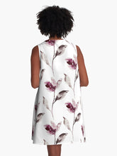 Load image into Gallery viewer, A-line or swing dress featuring original hand-painted watercolor painting by artist Elizabeth Becker. Minimal modern flowy summer tent dress with floral design. Soft mauve, eggplant purple, gray and white colors. Loose expressive botanical flowers and leaves.