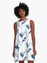 Load image into Gallery viewer, A-line or swing dress featuring original hand-painted watercolor painting by artist Elizabeth Becker. Minimal modern flowy summer tent dress with floral design. Soft blue-green, turquoise, teal and white colors. Loose expressive botanical flowers and leaves.