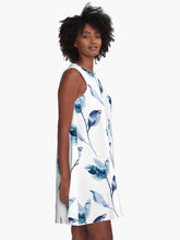 Load image into Gallery viewer, A-line or swing dress featuring original hand-painted watercolor painting by artist Elizabeth Becker. Minimal modern flowy summer tent dress with floral design. Soft blue-green, turquoise, teal and white colors. Loose expressive botanical flowers and leaves.