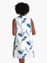 Load image into Gallery viewer, A-line or swing dress featuring original hand-painted watercolor painting by artist Elizabeth Becker. Minimal modern flowy summer tent dress with floral design. Soft blue-green, turquoise, teal and white colors. Loose expressive botanical flowers and leaves.