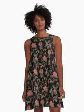 Load image into Gallery viewer, A-line or swing dress featuring original hand-painted watercolor painting by artist Elizabeth Becker. Flowy summer tent dress with floral design. Peach and olive green on black background. Botanical rose flowers and leaves.