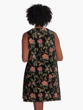 Load image into Gallery viewer, A-line or swing dress featuring original hand-painted watercolor painting by artist Elizabeth Becker. Flowy summer tent dress with floral design. Peach and olive green on black background. Botanical rose flowers and leaves.