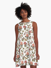 Load image into Gallery viewer, A-line or swing dress featuring original hand-painted watercolor painting by artist Elizabeth Becker. Flowy summer tent dress with floral design. Peach, olive green and white colors. Botanical rose flowers and leaves.