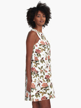 Load image into Gallery viewer, A-line or swing dress featuring original hand-painted watercolor painting by artist Elizabeth Becker. Flowy summer tent dress with floral design. Peach, olive green and white colors. Botanical rose flowers and leaves.