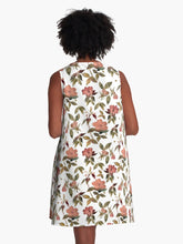 Load image into Gallery viewer, A-line or swing dress featuring original hand-painted watercolor painting by artist Elizabeth Becker. Flowy summer tent dress with floral design. Peach, olive green and white colors. Botanical rose flowers and leaves.