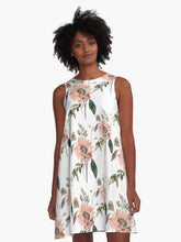 Load image into Gallery viewer, A-line or swing dress featuring original hand-painted watercolor painting by artist Elizabeth Becker. Flowy summer tent dress with floral design. Peach, green and white colors. Botanical rose flowers and leaves.