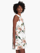 Load image into Gallery viewer, A-line or swing dress featuring original hand-painted watercolor painting by artist Elizabeth Becker. Flowy summer tent dress with floral design. Peach, green and white colors. Botanical rose flowers and leaves.