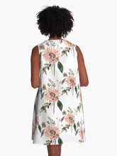 Load image into Gallery viewer, A-line or swing dress featuring original hand-painted watercolor painting by artist Elizabeth Becker. Flowy summer tent dress with floral design. Peach, green and white colors. Botanical rose flowers and leaves.