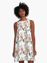 Load image into Gallery viewer, A-line or swing dress featuring original hand-painted watercolor painting by artist Elizabeth Becker. Flowy summer tent dress with floral design. Peach, green and white colors. Botanical rose flowers and leaves.