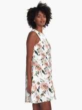 Load image into Gallery viewer, A-line or swing dress featuring original hand-painted watercolor painting by artist Elizabeth Becker. Flowy summer tent dress with floral design. Peach, green and white colors. Botanical rose flowers and leaves.