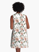 Load image into Gallery viewer, A-line or swing dress featuring original hand-painted watercolor painting by artist Elizabeth Becker. Flowy summer tent dress with floral design. Peach, green and white colors. Botanical rose flowers and leaves.