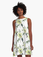 Load image into Gallery viewer, A-line or swing dress featuring original hand-painted watercolor painting by artist Elizabeth Becker. Flowy summer tent dress with floral design. Pale yellow, green and white colors. Botanical rose flowers and leaves.