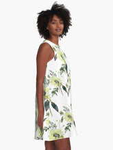 Load image into Gallery viewer, A-line or swing dress featuring original hand-painted watercolor painting by artist Elizabeth Becker. Flowy summer tent dress with floral design. Pale yellow, green and white colors. Botanical rose flowers and leaves.