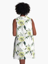 Load image into Gallery viewer, A-line or swing dress featuring original hand-painted watercolor painting by artist Elizabeth Becker. Flowy summer tent dress with floral design. Pale yellow, green and white colors. Botanical rose flowers and leaves.