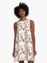 Load image into Gallery viewer, A-line or swing dress featuring original hand-painted watercolor painting by artist Elizabeth Becker. Flowy summer tent dress with floral design. Pale mint green, rust and white colors. Botanical rose flowers and leaves.