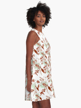 Load image into Gallery viewer, A-line or swing dress featuring original hand-painted watercolor painting by artist Elizabeth Becker. Flowy summer tent dress with floral design. Pale mint green, rust and white colors. Botanical rose flowers and leaves.