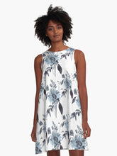 Load image into Gallery viewer, A-line or swing dress featuring original hand-painted watercolor painting by artist Elizabeth Becker. Flowy summer tent dress with floral design. Soft Blue gray and white colors. Botanical rose flowers and leaves.