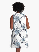 Load image into Gallery viewer, A-line or swing dress featuring original hand-painted watercolor painting by artist Elizabeth Becker. Flowy summer tent dress with floral design. Soft Blue gray and white colors. Botanical rose flowers and leaves.