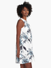 Load image into Gallery viewer, A-line or swing dress featuring original hand-painted watercolor painting by artist Elizabeth Becker. Flowy summer tent dress with floral design. Soft Blue gray and white colors. Botanical rose flowers and leaves.