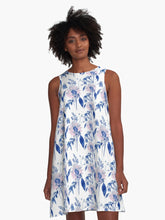 Load image into Gallery viewer, A-line or swing dress featuring original hand-painted watercolor painting by artist Elizabeth Becker. Flowy summer tent dress with floral design. Pale pink, blue and white colors. Botanical rose flowers and leaves.