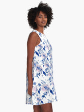 Load image into Gallery viewer, A-line or swing dress featuring original hand-painted watercolor painting by artist Elizabeth Becker. Flowy summer tent dress with floral design. Pale pink, blue and white colors. Botanical rose flowers and leaves.