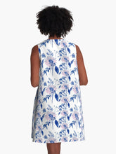 Load image into Gallery viewer, A-line or swing dress featuring original hand-painted watercolor painting by artist Elizabeth Becker. Flowy summer tent dress with floral design. Pale pink, blue and white colors. Botanical rose flowers and leaves.