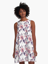 Load image into Gallery viewer, A-line or swing dress featuring original hand-painted watercolor painting by artist Elizabeth Becker. Flowy summer tent dress with floral design. Copper pink, purple, black and white colors. Botanical rose flowers and leaves.