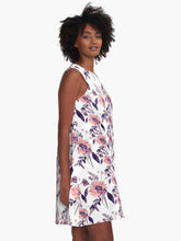 Load image into Gallery viewer, A-line or swing dress featuring original hand-painted watercolor painting by artist Elizabeth Becker. Flowy summer tent dress with floral design. Copper pink, purple, black and white colors. Botanical rose flowers and leaves.