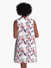 Load image into Gallery viewer, A-line or swing dress featuring original hand-painted watercolor painting by artist Elizabeth Becker. Flowy summer tent dress with floral design. Copper pink, purple, black and white colors. Botanical rose flowers and leaves.