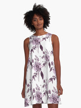 Load image into Gallery viewer, A-line or swing dress featuring original hand-painted watercolor painting by artist Elizabeth Becker. Flowy summer tent dress with floral design. Eggplant purple and white colors. Botanical rose flowers and leaves.