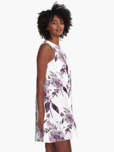 Load image into Gallery viewer, A-line or swing dress featuring original hand-painted watercolor painting by artist Elizabeth Becker. Flowy summer tent dress with floral design. Eggplant purple and white colors. Botanical rose flowers and leaves.