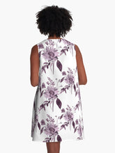 Load image into Gallery viewer, A-line or swing dress featuring original hand-painted watercolor painting by artist Elizabeth Becker. Flowy summer tent dress with floral design. Eggplant purple and white colors. Botanical rose flowers and leaves.
