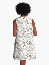 Load image into Gallery viewer, A-line or swing dress featuring original hand-painted watercolor painting by artist Elizabeth Becker. Flowy summer tent dress with floral design. Soft peach, pale pink, light olive green, gray and white colors. Botanical wild rose flowers, branches, vines and leaves.