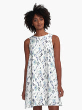 Load image into Gallery viewer, A-line or swing dress featuring original hand-painted watercolor painting by artist Elizabeth Becker. Flowy summer tent dress with floral design. Monochromatic light blue, soft gray and white colors. Botanical wild rose flowers, branches, vines and leaves.