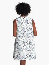 Load image into Gallery viewer, A-line or swing dress featuring original hand-painted watercolor painting by artist Elizabeth Becker. Flowy summer tent dress with floral design. Monochromatic light blue, soft gray and white colors. Botanical wild rose flowers, branches, vines and leaves.