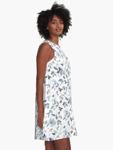 Load image into Gallery viewer, A-line or swing dress featuring original hand-painted watercolor painting by artist Elizabeth Becker. Flowy summer tent dress with floral design. Monochromatic light blue, soft gray and white colors. Botanical wild rose flowers, branches, vines and leaves.