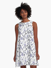 Load image into Gallery viewer, A-line or swing dress featuring original hand-painted watercolor painting by artist Elizabeth Becker. Flowy summer tent dress with floral design. Monochromatic muted lavender purple, light soft gray and white colors. Botanical wild rose flowers, branches, vines and leaves.