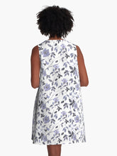 Load image into Gallery viewer, A-line or swing dress featuring original hand-painted watercolor painting by artist Elizabeth Becker. Flowy summer tent dress with floral design. Monochromatic muted lavender purple, light soft gray and white colors. Botanical wild rose flowers, branches, vines and leaves.
