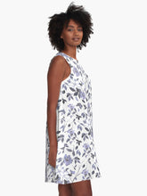 Load image into Gallery viewer, A-line or swing dress featuring original hand-painted watercolor painting by artist Elizabeth Becker. Flowy summer tent dress with floral design. Monochromatic muted lavender purple, light soft gray and white colors. Botanical wild rose flowers, branches, vines and leaves.