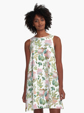 Load image into Gallery viewer, A-line or swing dress featuring original hand-painted watercolor painting by artist Elizabeth Becker. Flowy summer tent dress with floral design. Soft pink, peach, olive green, teal and white colors. Botanical rose flowers and leaves.